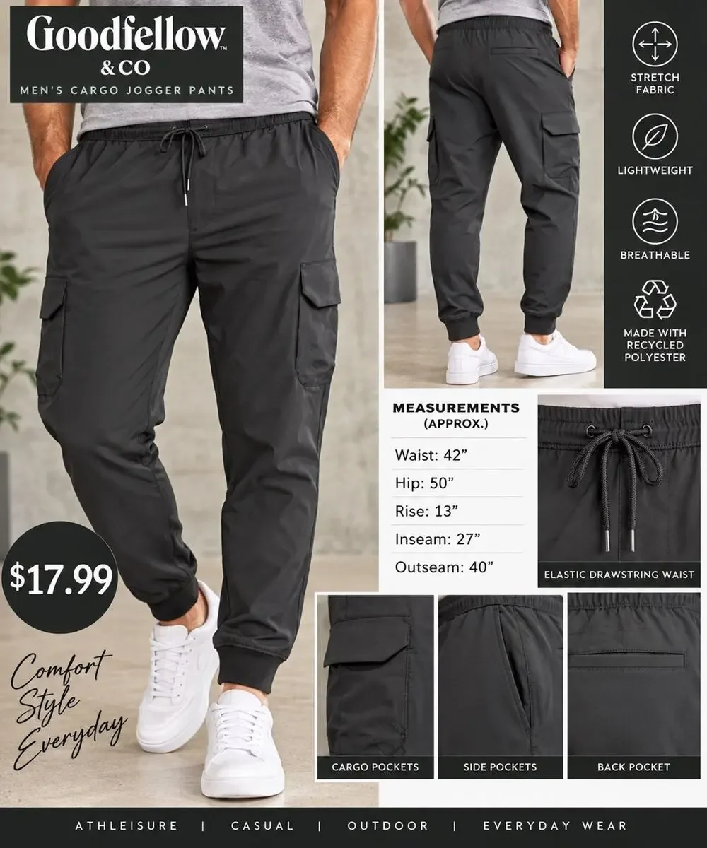 Goodfellow & Co Men’s XL Black Cargo Jogger Pants Stretch Drawstring Athletic